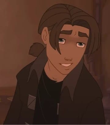 Still from the animated movie Treasure Planet featuring teenager Jim Hawkins smiling. He wears a brown jacket over a black tshirt, and his hair has 1990s fringe with a small ponytail at the nape of his neck.